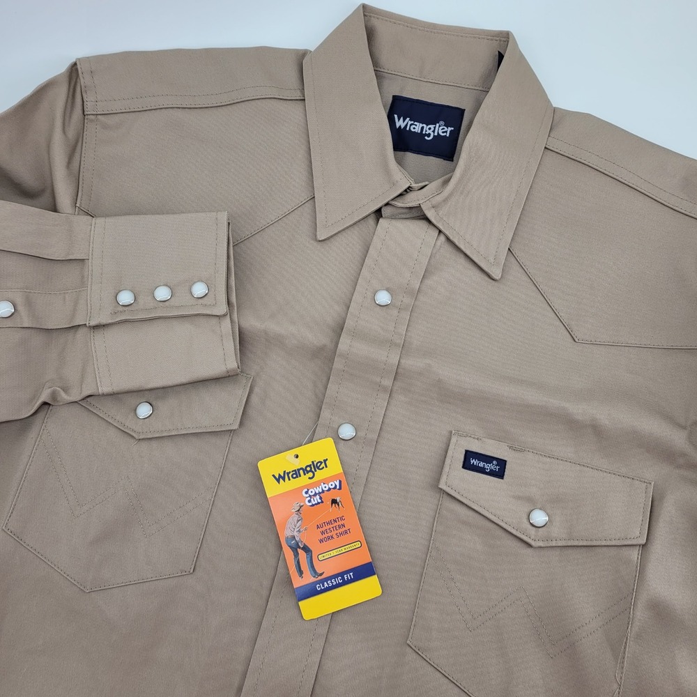 Wrangler Cowboy Cut Work Shirt Mens L Tan Long Sleeve Pearl Snap Cotton NWT